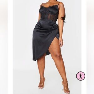 NWT PLT Black Lace Insert Cup Detail Ruched Side Midi Dress